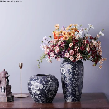 Сине-белая керамическая ваза в китайском стиле, ретро-композиция из цветов для гостиной и декоративные украшения из сухих цветов на столешнице