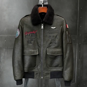 2019 Новая Мужская Зеленая куртка из овчины, Кожаная куртка, Меховое пальто, Летная куртка ВВС B6, мужские зимние пальто