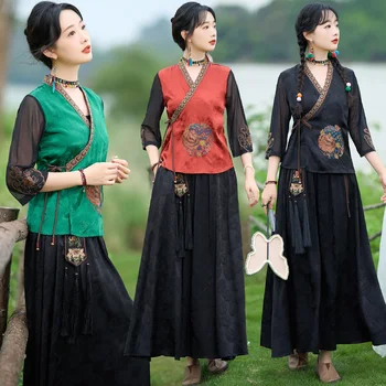 2022 женский китайский национальный стиль, ретро, повседневная вышивка в китайском стиле, улучшенный элегантный костюм с v-образным вырезом и коротким рукавом, топ s168