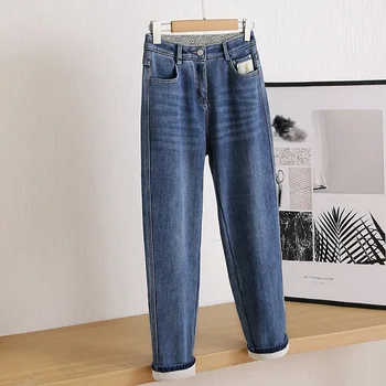 2023 Новые толстые джинсы с флисовой подкладкой и высокой талией для похудения, Чувство дизайна, Нишевые Прямые универсальные светло-голубые джинсы, Женская мода