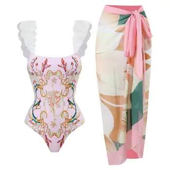 2023 Роскошный женский комплект купальников, Модный цельный бикини с цветочным принтом в виде цветочных блоков, сексуальная обтягивающая летняя пляжная одежда