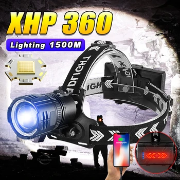2023 Супер Яркий светодиодный Налобный фонарь XHP360 Мощный 36 Ядер USB Перезаряжаемый Головной Фонарик Высокой Мощности С Зумом IPX6 Кемпинговые Налобные Фонари