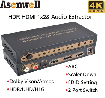 4K 60Hz HDMI Разветвитель 1 В 2 Выхода Аудио Экстрактор ARC SPDIF RCA 2CH 18 Гбит/с Dolby Vision Atmos HDR UHD EDID Настройка Масштабирования Вниз