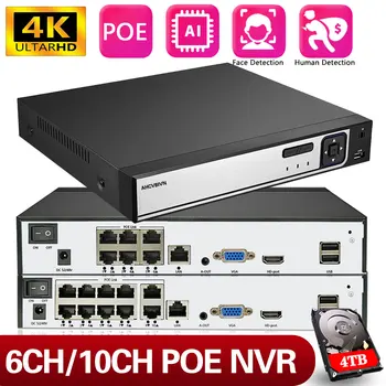 6CH 10CH POE NVR Mini 4K/8MP/5MP/1080P Видеорегистратор 8-Канальный С Обнаружением Движения P2P Для IP-камеры Системы Видеонаблюдения Безопасности
