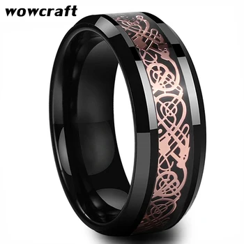 8 мм Черные вольфрамовые обручальные кольца, кольцо с инкрустацией в виде дракона из Розового золота, полированная блестящая комфортная посадка