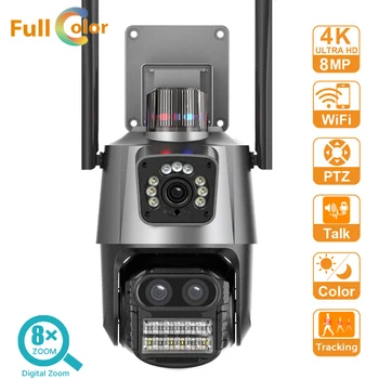 8MP 4K IP WiFi Камера С тремя Объективами и Двойным Экраном, 8-Кратный Гибридный Зум, Автоматическое Отслеживание Безопасности, Камера видеонаблюдения, Полицейская Световая Сигнализация