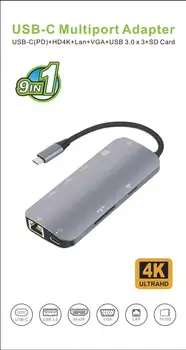 9в1 USB Type-c 3 Концентратор к HDMI VGA 4K RJ45 USB3.0X3 Концентратор USB-C Слот для PD TF SD Аудио кабель адаптер