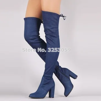 ALMUDENA/ Пикантные женские Обтягивающие сапоги из эластичного синего денима на толстом каблуке, сапоги до бедра на шнуровке, Джинсы выше колена, Рыцарские ботинки