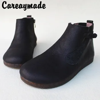 Careaymade- Короткие ботинки с мягкой подошвой и пуговицами в литературном стиле в стиле ретро на тонкой молнии ручной работы из воловьей кожи с высоким берцем