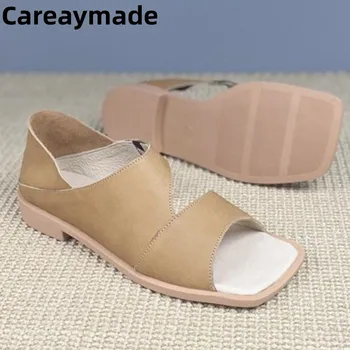 Careaymade-Летние винтажные художественные кожаные сандалии с открытым носком и пряжкой, удобные универсальные сандалии из мягкой кожи в Римском стиле