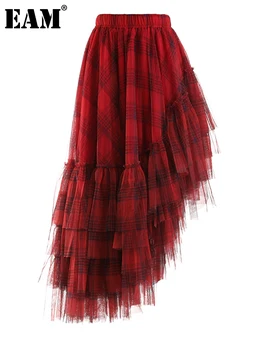 [EAM] Красная клетчатая сетчатая Нерегулярная Длинная Повседневная юбка с высокой эластичной талией, Женская мода, Новинка, весна-осень 2023, 1DF1247
