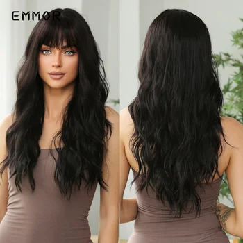 Emmor Длинные черные Волнистые синтетические парики с челкой для женщин, объемные парики для косплея, Повседневное использование Натуральных синтетических термостойких волос