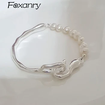 Foxanry, 1 шт., браслет из бисера серебристого цвета с жемчугом для женщин и девочек, Новая модная Элегантная Асимметричная цепочка, ювелирные подарки на День рождения