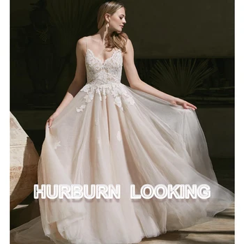 HERBURN, Элегантное Свадебное платье, Кружевное свадебное платье на заказ, V-образный вырез, молния, спинка, плиссированный тюль, Простое Новое поступление