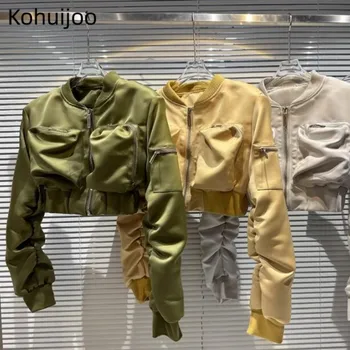 Kohuijoo Университетская куртка с большим карманом, Женская Зелено-Желтая Женская Весенняя 2023 Гоночная Женская куртка-бомбер, Повседневное короткое пальто
