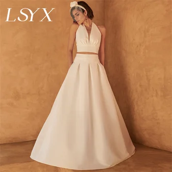 LSYX/ Комплект из двух предметов, Свадебное платье с глубоким V-образным вырезом и открытой спиной Для женщин, Сексуальный Укороченный топ, Атласное Винтажное свадебное платье Трапециевидной формы