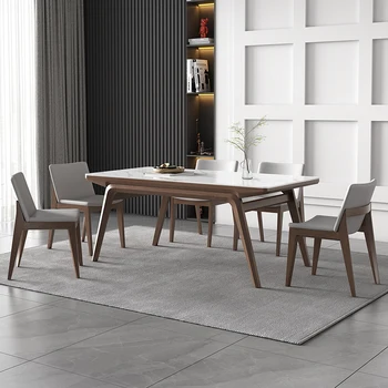Linlamlim Обеденный гарнитур премиум-класса Премиум-класса с массивным деревянным прямоугольным столом и 6 стульями из натуральной кожи, мебель для домашней кухни
