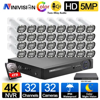 NINIVISION HD H.265 + 32CH 4K NVR 5MP Крытый Открытый Цветной Ночной Двухсторонний Аудио POE IP-камера Комплект 5-Мегапиксельной Системы Видеонаблюдения