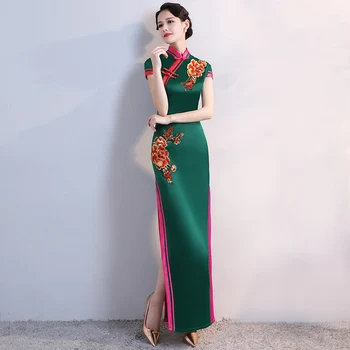 S-4XL Grren Party Cheongsam Винтажный Китайский Стиль Весеннее Длинное Вечернее платье Восточное Женское Элегантное Qipao Vestido