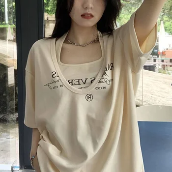 SABINAX/ Сексуальная одежда для девочек, комплект из двух предметов, Женская Свободная корейская модная футболка, жилет с подвязкой на шее, футболка с короткими рукавами, Костюм