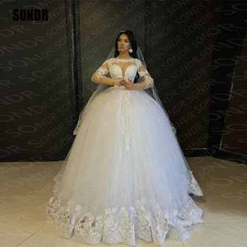 SONDR Элегантные свадебные платья Принцессы с кружевными цветами и круглым вырезом и рукавами трапециевидной формы, свадебные платья принцессы Невесты, бальное платье