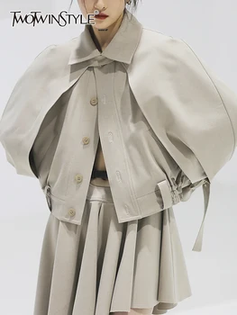 TWOTWINSTYLE, Однотонные повседневные Элегантные куртки для женщин С Лацканами, Длинным рукавом, Поясом в стиле Пэчворк, Свободное Винтажное пальто, Женская Модная одежда