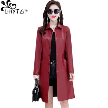 UHYTGF 5XL, кожаная куртка большого размера, женское корейское тонкое длинное пальто, однобортная повседневная осенняя кожаная куртка leren jas dames 928