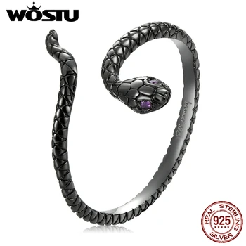 WOSTU стерлингового серебра 925 пробы, темный стиль, Таинственная черная змея, открытые кольца Для женщин, женские оригинальные ювелирные изделия CTR236