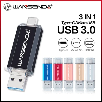 Wansenda 3 в 1 USB Флэш-накопитель Cle USB 3.0 + Micro USB + Type-C Флешка 512 ГБ 256 ГБ 128 ГБ 64 ГБ 32 ГБ Флэш-накопитель для Android/ПК