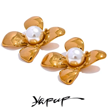 Yhpup, Элегантные серьги-гвоздики с искусственным жемчугом и цветком из нержавеющей стали, женские золотые украшения с защитой от ржавчины, подарок для вечеринки 2023