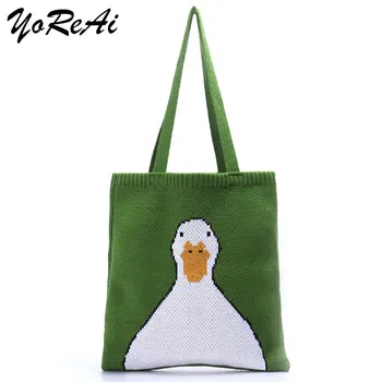 YoReAi/ Женская забавная сумка для подростков, винтажная ретро сельская вязка, Кавайные модные зеленые сумки для покупок, женская мультяшная сумка с верхней ручкой