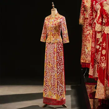 Yourqipao Китайская одежда Xiuhe 2023, Новые Китайские свадебные платья, Свадебные платья, Золотой свадебный костюм для тостов, наборы дракона и Феникса