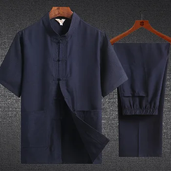 Yourqipao, Китайский костюм Эпохи Тан, Мужская рубашка Hanfu Kung Fu с короткими рукавами, Тайцзи, Однотонная хлопковая Льняная Летняя Одежда для непрофессионалов