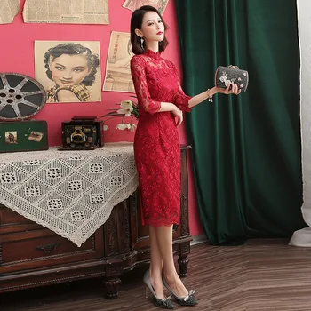 Yourqipao Летнее Красное кружевное Ципао со средним рукавом, Улучшенное банкетное исполнение, Тонкое свадебное платье в китайском стиле Qipao для женщин