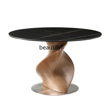 cqy Светлый Роскошный обеденный стол из сланцевого стекла Особой формы из орехового дерева, Семейная вилла, современный простой большой круглый обеденный стол