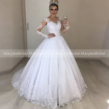 Блестящее Бальное Платье, Свадебные Платья, Прозрачное Платье Принцессы с Круглым вырезом и Длинным Рукавом, Белое Блестящее Свадебное Платье Vestidos De Cerimonia Casamentos