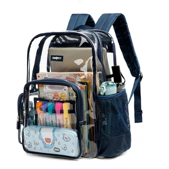 Большая и XL сверхпрочная прозрачная сумка для книг с чехлом для ноутбука, Высококачественная прозрачная школьная сумка из ПВХ для женщин и мужчин -синий
