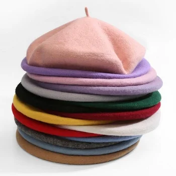 Винтажные французские однотонные береты, шапка-бини для женщин, французская художница, теплая шерстяная зимняя шапка-Бини, Винтажные однотонные береты
