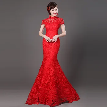 Воротник-стойка, Сексуальный кружевной цветок, Леди Чонсам, новая красная Китайская свадебная вечеринка, Ципао Невесты, Элегантное платье Русалки полной длины