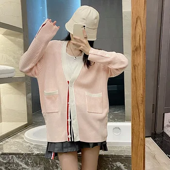Высококачественное корейское модное осеннее платье в розовую вертикальную полоску, шерстяной вязаный кардиган с V-образным вырезом контрастного цвета, Длинное повседневное свободное пальто