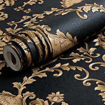 Высококачественное черное золото Роскошная рельефная текстура Металлик 3D Дамасские обои для стен в рулоне Моющиеся виниловые обои Домашний декор