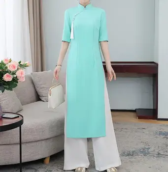 Вьетнамские чонсамы Ao dai включают брюки, женское винтажное летнее платье Qipao