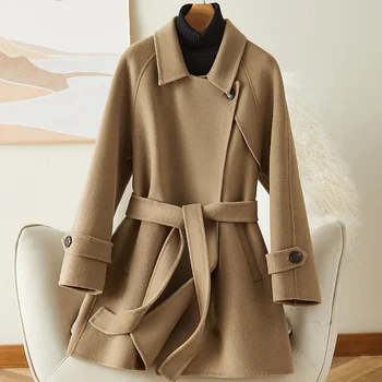 Двустороннее кашемировое пальто для женщин 2022, новое осенне-зимнее маленькое шерстяное пальто на шнуровке из 100 % чистой шерсти высокого класса