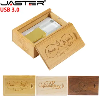 Деревянная коробка JASTER USB 3.0 Флэш-накопители 128 ГБ, Хрустальная ручка-накопитель 64 ГБ, Креативный свадебный подарок, флешка 32 ГБ, бесплатная флешка с логотипом на заказ