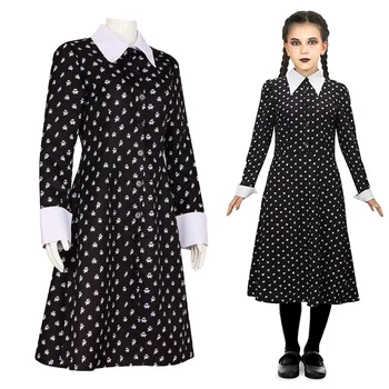 Детский костюм для косплея в среду на Хэллоуин, Женское платье для косплея Аддамс, наряды, Винтажная черная одежда с готическим принтом, парик