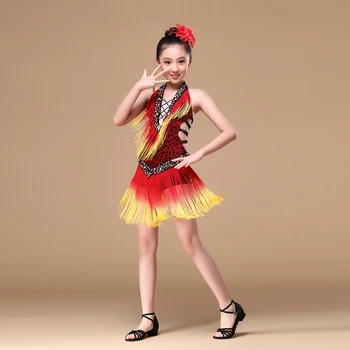Детский танцевальный костюм для выступлений от 8 до 15 лет с V-образным вырезом и бусинами, бахромой с кисточками на спине, Платье для латиноамериканских танцев для девочек