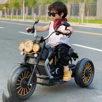 Детский электрический мотоцикл Трехколесный велосипед от 3 до 12 лет, Перезаряжаемый детский игрушечный автомобиль с большими наружными крутыми огнями для детского подарка