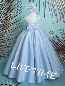 Детское голубое платье в цветочек для девочек с пышными рукавами, платье принцессы для девочек на свадьбу, платье для первого причастия, платья для девочек-цветы