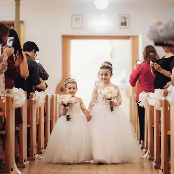 Детское кружевное платье цвета слоновой кости с цветочным узором для девочек на Свадьбу, тюлевое праздничное платье Принцессы с длинными рукавами для девочек, платье для Первого Причастия