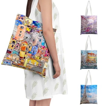 Дизайнерская холщовая сумка на плечо с акварельной масляной живописью, Женская Повседневная Дорожная сумка для покупок, Очки, мобильный телефон, зонт, сумка-тоут